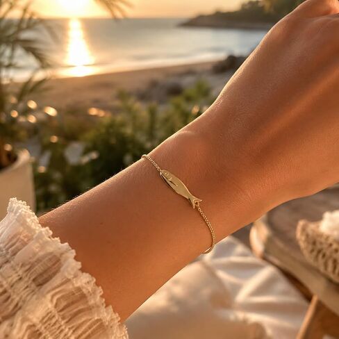 Gold Fish Bracelet for Women, Minimalist Sideways Fish Chain Bracelet, 925 Sterling Silver Gold Plated Dainty Bracelet, Adjustable 6.3"+2" Extender, Cute Animal Jewelry Gift in Saudi Arabia