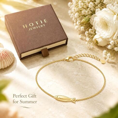 Gold Fish Bracelet for Women, Minimalist Sideways Fish Chain Bracelet, 925 Sterling Silver Gold Plated Dainty Bracelet, Adjustable 6.3"+2" Extender, Cute Animal Jewelry Gift in Saudi Arabia