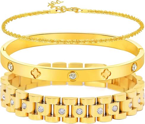 EllieHouse Thick Link Bracelet Adjustable Watch Band Chain Wristband Jewelry Sparkle Chain Bracelets Trendy Diamond Zirconia Stones Four Leaf Lucky Bracelet Jewelry Gifts to Lover Girlfriend Wife in Saudi Arabia