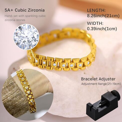 EllieHouse Thick Link Bracelet Adjustable Watch Band Chain Wristband Jewelry Sparkle Chain Bracelets Trendy Diamond Zirconia Stones Four Leaf Lucky Bracelet Jewelry Gifts to Lover Girlfriend Wife in Saudi Arabia