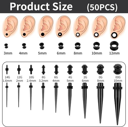Ear Stretching Kit 50 Pcs, 14G-00G Acrylic Tapers Plugs Silicone Tunnels Complete Gauges Kit, Individually Packaged Ear Gauges for Ears Beginner Set, Body Jewelry for Men Women in Saudi Arabia