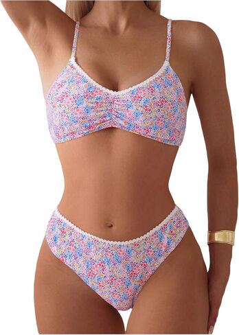 RoseSeek Women's 2 Piece Floral Bikini Sets V Neck Bras and Mid Rise Panties Swimwear Beach Wear in Kuwait
