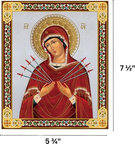 Needzo Virgin Mary Seven Swords Sorrows Icon مع لمسات من رقائق الذهب، ديكور حائط معلق على الحائط الكاثوليكي الأرثوذكسي، 7 ½ × 5 ¾ بوصة in Kuwait