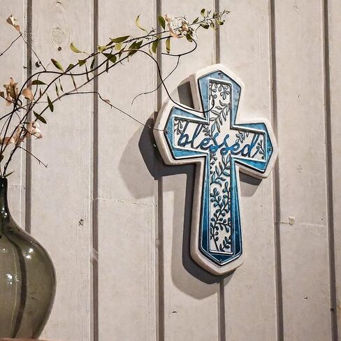 BONNY DODO Vintage Farmhouse Retro Art Wooden Cross Wall With Solid Wood Iron Copper Gole Leaf Heart-Shaped Home Decer Desktops (Blue) in Saudi Arabia