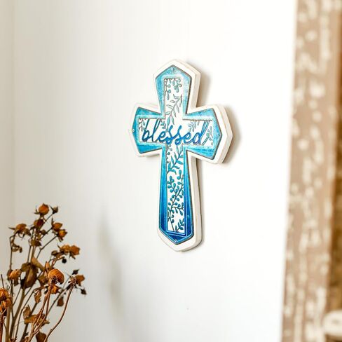 BONNY DODO Vintage Farmhouse Retro Art Wooden Cross Wall With Solid Wood Iron Copper Gole Leaf Heart-Shaped Home Decer Desktops (Blue) in Saudi Arabia