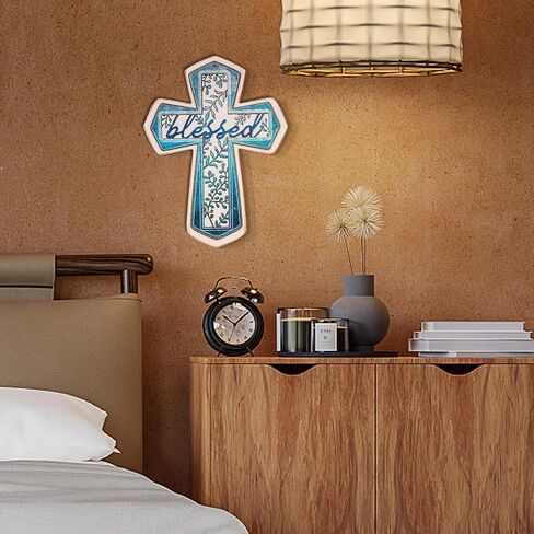 BONNY DODO Vintage Farmhouse Retro Art Wooden Cross Wall With Solid Wood Iron Copper Gole Leaf Heart-Shaped Home Decer Desktops (Blue) in Saudi Arabia