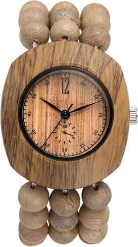JewelryWe Women Wooden Elastic Watch: Bohemian Handcrafted Tonneau Buddhist Beaded Wood Bracelet Watches Stretch Band Analog Quartz Wristwatch for Summer Daily and Office in Kuwait