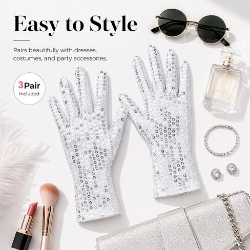 JJUNW 3 Pairs Silver Sequin Gloves Twinkl Plastic Glove for Dress Accessory | Adults Sparkling Sequin Gloves Applicable to Ice Skating Dance Party Show Halloween Christmas for Dress Accessory in Kuwait
