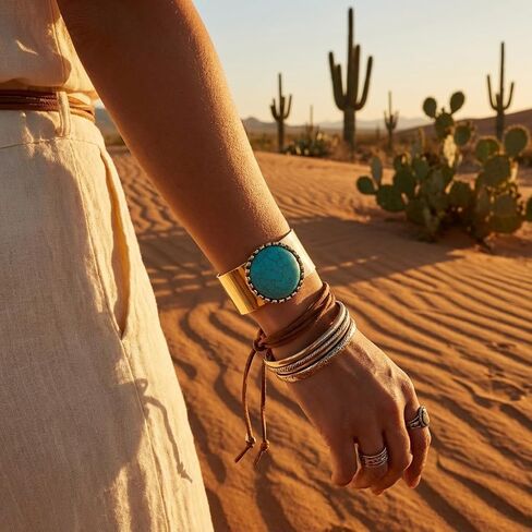 Western Bracelets for Women Turquoise Style 2 Vintage Chunky Adjustable Boho Cuff Unique Fashion Statement Style Western Gold Jewelry for Women Country Costume Accessories in Saudi Arabia