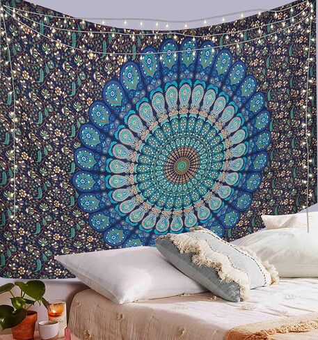 Blue Green Wall Hanging Bohemian Psychedelic Peacock Tapestry, Psychedelic Hippie Mandala Dorm Décor for Hanging, Bedding, Beach Coverlet Curtain (Blue Green, 55"X85") in Saudi Arabia