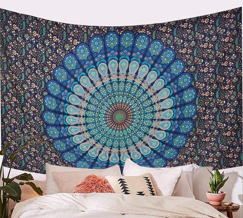 Blue Green Wall Hanging Bohemian Psychedelic Peacock Tapestry, Psychedelic Hippie Mandala Dorm Décor for Hanging, Bedding, Beach Coverlet Curtain (Blue Green, 55"X85") in Saudi Arabia