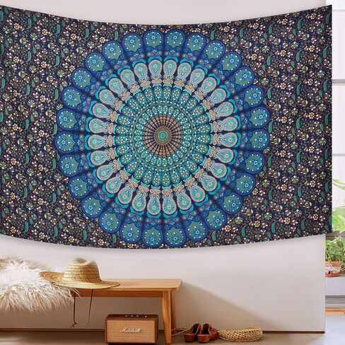 Blue Green Wall Hanging Bohemian Psychedelic Peacock Tapestry, Psychedelic Hippie Mandala Dorm Décor for Hanging, Bedding, Beach Coverlet Curtain (Blue Green, 55"X85") in Saudi Arabia