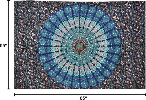 Blue Green Wall Hanging Bohemian Psychedelic Peacock Tapestry, Psychedelic Hippie Mandala Dorm Décor for Hanging, Bedding, Beach Coverlet Curtain (Blue Green, 55"X85") in Saudi Arabia