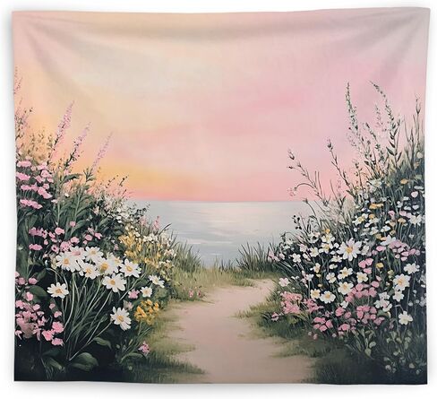 WNAGT Pink Wildflower Coastal Beach Tapestry Wall Hanging, Pastel Spring Floral Ocean Seaside Landscape Wall Blanket Decor for Bedroom Living Room Home Beach House, 50x60 Inch in Saudi Arabia