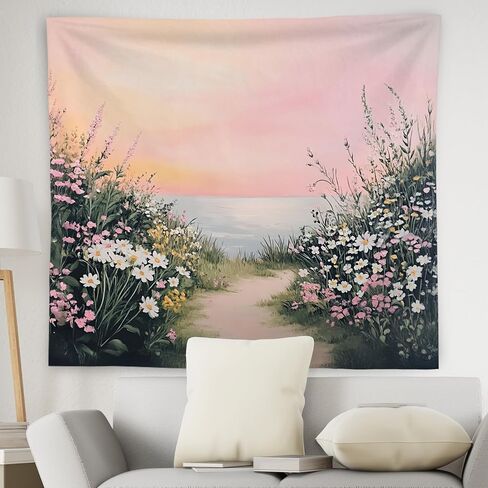 WNAGT Pink Wildflower Coastal Beach Tapestry Wall Hanging, Pastel Spring Floral Ocean Seaside Landscape Wall Blanket Decor for Bedroom Living Room Home Beach House, 50x60 Inch in Saudi Arabia