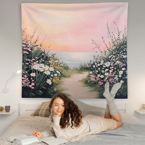 WNAGT Pink Wildflower Coastal Beach Tapestry Wall Hanging, Pastel Spring Floral Ocean Seaside Landscape Wall Blanket Decor for Bedroom Living Room Home Beach House, 50x60 Inch in Saudi Arabia