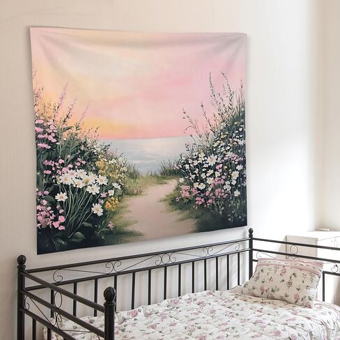 WNAGT Pink Wildflower Coastal Beach Tapestry Wall Hanging, Pastel Spring Floral Ocean Seaside Landscape Wall Blanket Decor for Bedroom Living Room Home Beach House, 50x60 Inch in Saudi Arabia