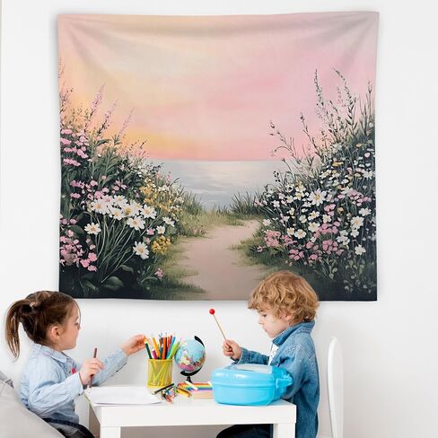 WNAGT Pink Wildflower Coastal Beach Tapestry Wall Hanging, Pastel Spring Floral Ocean Seaside Landscape Wall Blanket Decor for Bedroom Living Room Home Beach House, 50x60 Inch in Saudi Arabia