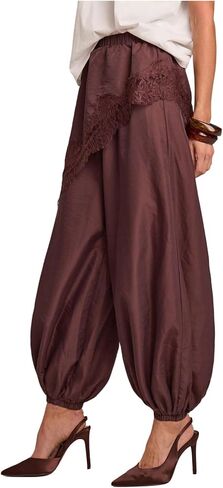 SOLY HUX Women's Satin Balloon Pants Silk Lace Trim Elastic Waist Casual Baggy Barrel Pants Loose Trousers in Kuwait