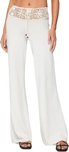 Muineobuka Women's Y2K Crochet Knit Low Waist Drawstring Wide Leg Pants Sexy Hollow Out Flowy Beach Cover Up Holiday Trousers in Kuwait