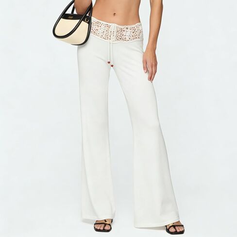 Muineobuka Women's Y2K Crochet Knit Low Waist Drawstring Wide Leg Pants Sexy Hollow Out Flowy Beach Cover Up Holiday Trousers in Kuwait