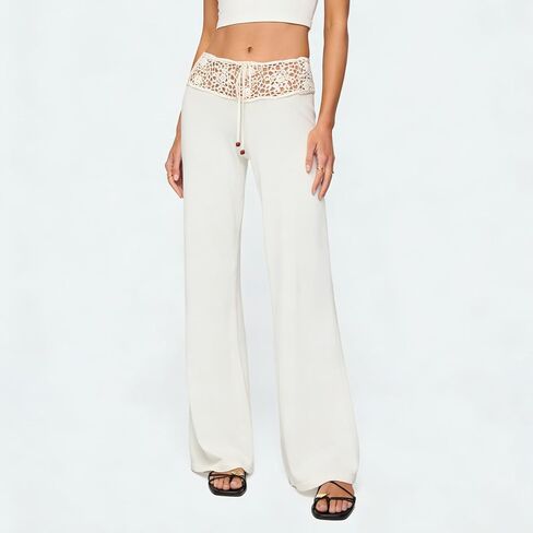 Muineobuka Women's Y2K Crochet Knit Low Waist Drawstring Wide Leg Pants Sexy Hollow Out Flowy Beach Cover Up Holiday Trousers in Kuwait
