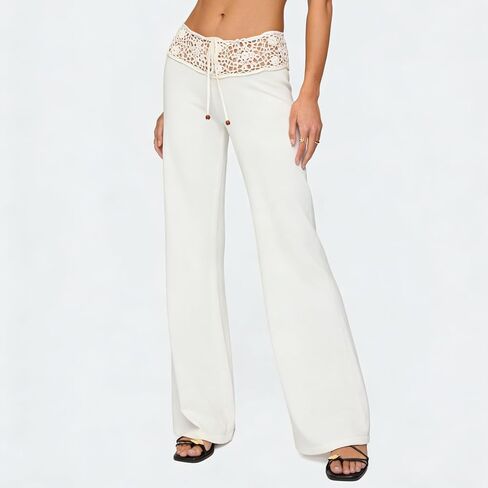 Muineobuka Women's Y2K Crochet Knit Low Waist Drawstring Wide Leg Pants Sexy Hollow Out Flowy Beach Cover Up Holiday Trousers in Kuwait