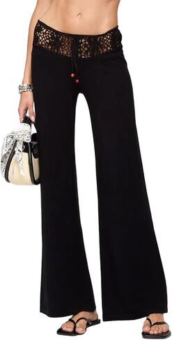 Muineobuka Women's Y2K Crochet Knit Low Waist Drawstring Wide Leg Pants Sexy Hollow Out Flowy Beach Cover Up Holiday Trousers in Kuwait