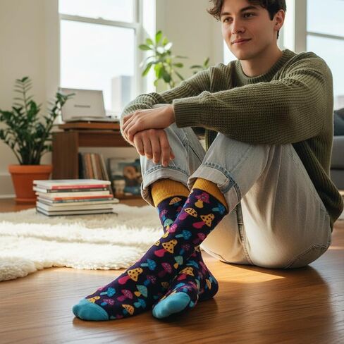 Light Mushroom Dress Socks Funny Novelty Crazy Fun Design Men Size 8-12 Cotton Casual Crew Colorful Funky Fancy Socks Gift for Men in Kuwait