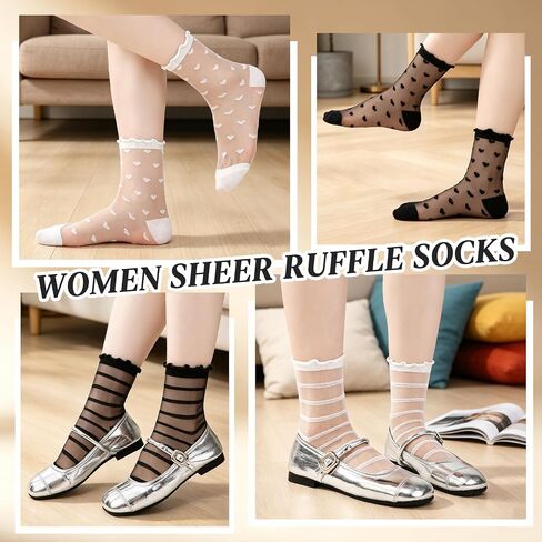 10 Pairs Women’s Sheer Socks, Black Ruffle Ankle Socks with Heart Stripes Pattern for Women and Girls, Summer Transparent Ultra Thin See Through Lace Elastic Dress Socks in Saudi Arabia