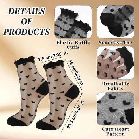 10 Pairs Women’s Sheer Socks, Black Ruffle Ankle Socks with Heart Stripes Pattern for Women and Girls, Summer Transparent Ultra Thin See Through Lace Elastic Dress Socks in Saudi Arabia