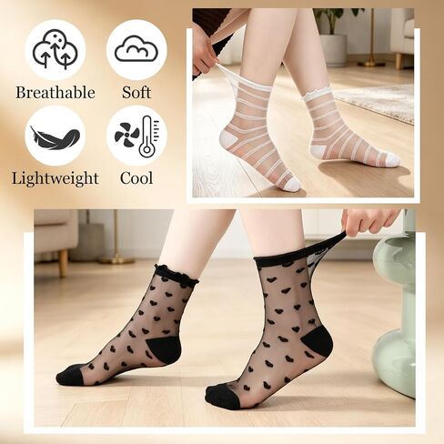 10 Pairs Women’s Sheer Socks, Black Ruffle Ankle Socks with Heart Stripes Pattern for Women and Girls, Summer Transparent Ultra Thin See Through Lace Elastic Dress Socks in Saudi Arabia