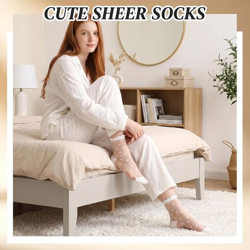 10 Pairs Women’s Sheer Socks, Black Ruffle Ankle Socks with Heart Stripes Pattern for Women and Girls, Summer Transparent Ultra Thin See Through Lace Elastic Dress Socks in Saudi Arabia