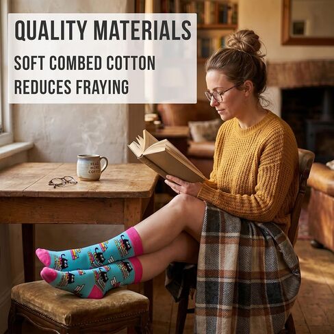 Women's Book Socks - Funny Novelty Dress Socks, Seamless Toe, Soft Combed Cotton in Saudi Arabia