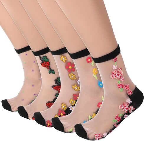 5 Pairs Sheer Ankle Socks for Women, Floral Mesh Lace Socks with Designs Transparent Summer Breathable Transparent Sock Cute Mesh Sock Thin Floral Sock in Kuwait