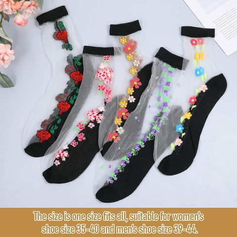 5 Pairs Sheer Ankle Socks for Women, Floral Mesh Lace Socks with Designs Transparent Summer Breathable Transparent Sock Cute Mesh Sock Thin Floral Sock in Kuwait
