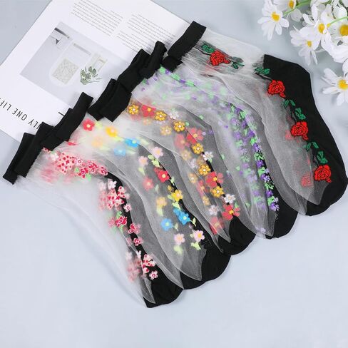 5 Pairs Sheer Ankle Socks for Women, Floral Mesh Lace Socks with Designs Transparent Summer Breathable Transparent Sock Cute Mesh Sock Thin Floral Sock in Kuwait