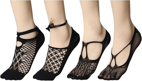 Women Black Lace No Show Socks Fishnet Mesh Sheer Non Slip Ankle Socks Hollow Out Net Thin Short Sexy Fancy Sock (US, Alpha, Large, Regular, Regular, Black - 4 pairs) in Saudi Arabia