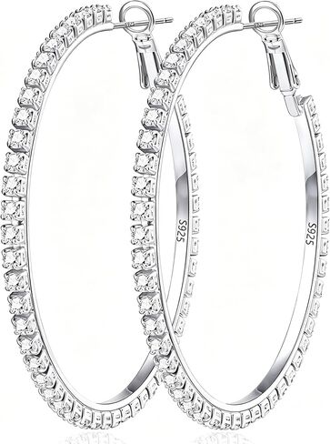 2mm Large Rhinestone Hoop Earrings 925 Sterling Silver Post Big Cubic Zirconia Hoop Earrings for Women 14K Gold Plated Hypoallergenic Lightweight 30mm/40mm/50mm/60mm in Kuwait
