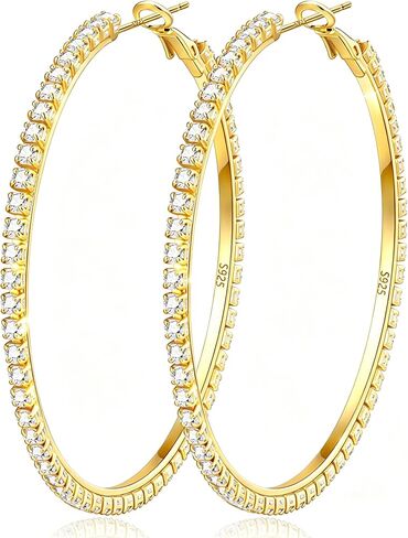2mm Large Rhinestone Hoop Earrings 925 Sterling Silver Post Big Cubic Zirconia Hoop Earrings for Women 14K Gold Plated Hypoallergenic Lightweight 30mm/40mm/50mm/60mm in Kuwait