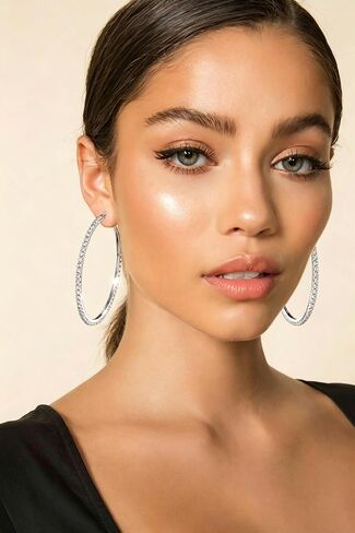 2mm Large Rhinestone Hoop Earrings 925 Sterling Silver Post Big Cubic Zirconia Hoop Earrings for Women 14K Gold Plated Hypoallergenic Lightweight 30mm/40mm/50mm/60mm in Kuwait
