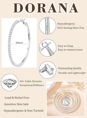2mm Large Rhinestone Hoop Earrings 925 Sterling Silver Post Big Cubic Zirconia Hoop Earrings for Women 14K Gold Plated Hypoallergenic Lightweight 30mm/40mm/50mm/60mm in Kuwait