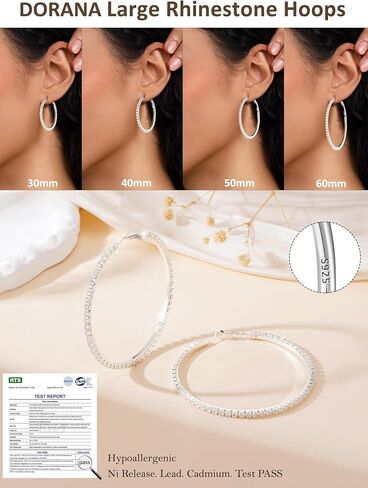 2mm Large Rhinestone Hoop Earrings 925 Sterling Silver Post Big Cubic Zirconia Hoop Earrings for Women 14K Gold Plated Hypoallergenic Lightweight 30mm/40mm/50mm/60mm in Kuwait