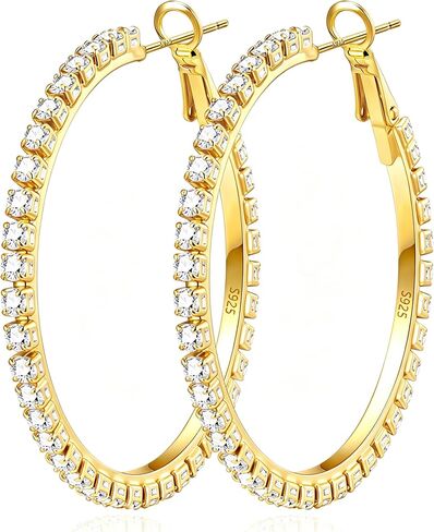 2mm Large Rhinestone Hoop Earrings 925 Sterling Silver Post Big Cubic Zirconia Hoop Earrings for Women 14K Gold Plated Hypoallergenic Lightweight 30mm/40mm/50mm/60mm in Kuwait