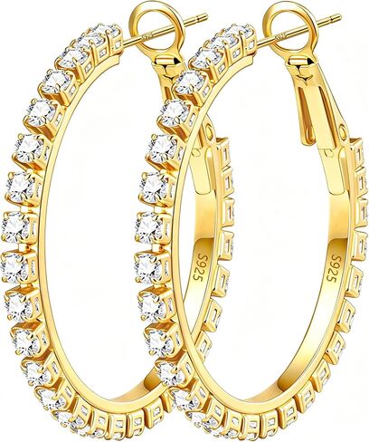 2mm Large Rhinestone Hoop Earrings 925 Sterling Silver Post Big Cubic Zirconia Hoop Earrings for Women 14K Gold Plated Hypoallergenic Lightweight 30mm/40mm/50mm/60mm in Kuwait