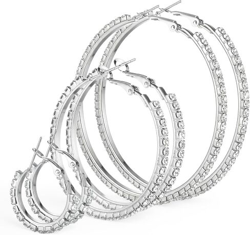 Hoop Earrings for Women 3 Pairs Rhinestone Hoop-Earrings Sparkly Hoop Earrings Lightweight 2/4/6cm Sparkly Crystal Round Hoops for Wedding Party Gift Prom Date Accessories in Saudi Arabia