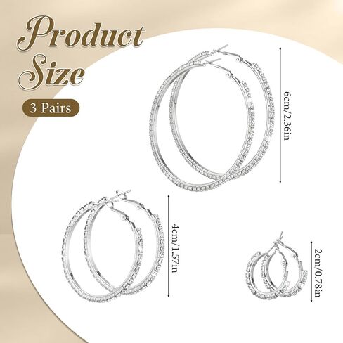 Hoop Earrings for Women 3 Pairs Rhinestone Hoop-Earrings Sparkly Hoop Earrings Lightweight 2/4/6cm Sparkly Crystal Round Hoops for Wedding Party Gift Prom Date Accessories in Saudi Arabia