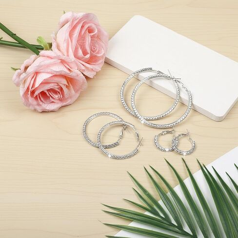 Hoop Earrings for Women 3 Pairs Rhinestone Hoop-Earrings Sparkly Hoop Earrings Lightweight 2/4/6cm Sparkly Crystal Round Hoops for Wedding Party Gift Prom Date Accessories in Saudi Arabia