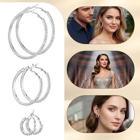 Hoop Earrings for Women 3 Pairs Rhinestone Hoop-Earrings Sparkly Hoop Earrings Lightweight 2/4/6cm Sparkly Crystal Round Hoops for Wedding Party Gift Prom Date Accessories in Saudi Arabia