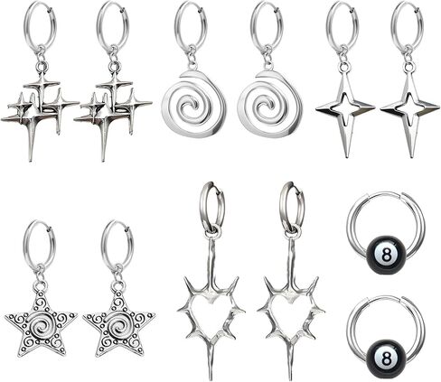 6 أزواج من الأقراط القوطية Y2K سبايك ستار هوب، Y2K Emo Punk Grunge Goth Earring Hoops، مجموعة مجوهرات الغضروف أقراط للنساء والرجال in Kuwait